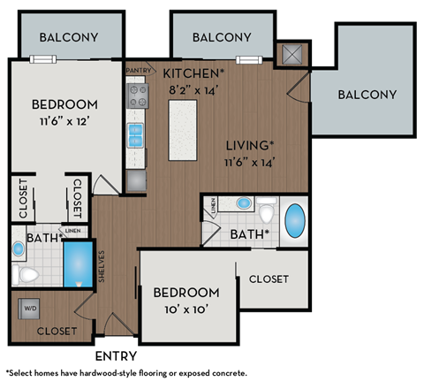Floor plan for 2 beds, 2 baths, 1001 sqft